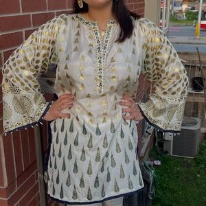 Pure silk hand block printed beaded Cream and Gold Women's Tunic
